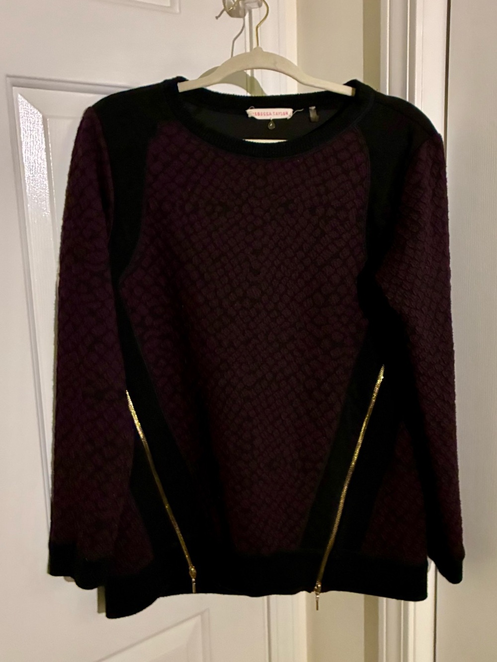 Rebecca Taylor Plum and Black Quilted Crewneck Sweater with Gold Zipper Accents